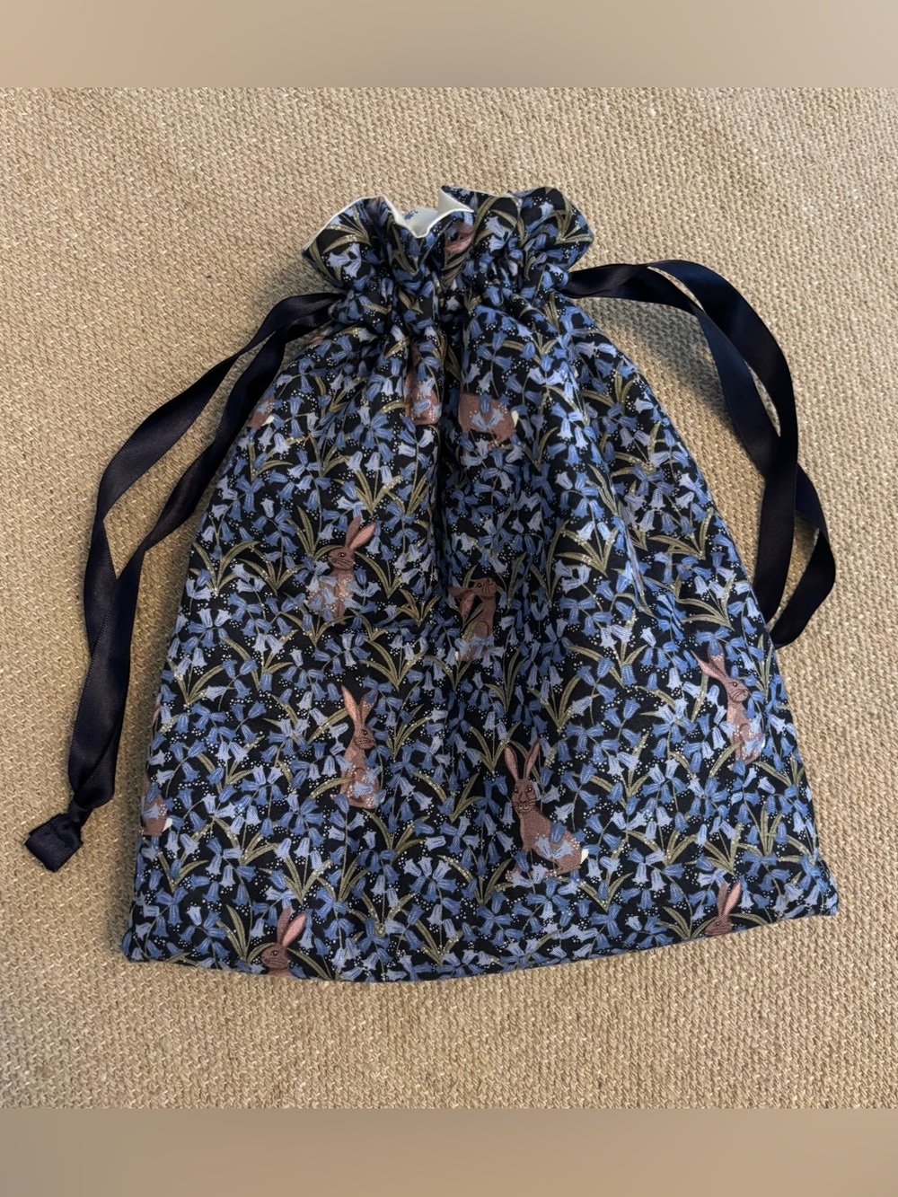Drawstring project bag floral rabbit pattern Bertie & Poppet knitting crochet